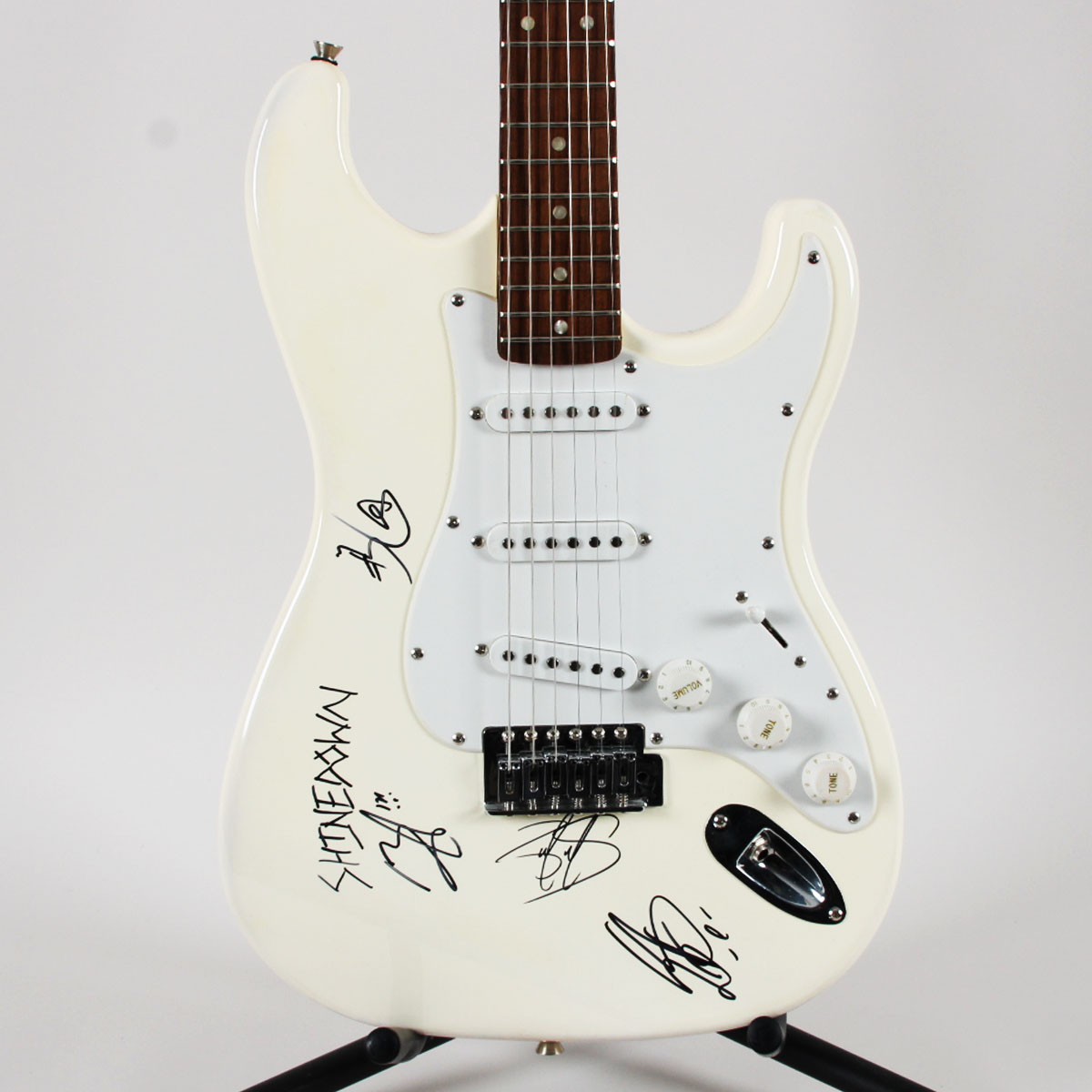Shinedown Band Fender Strat Signed Electric Guitar (4)  Brent Smith, Barry Kirch, Zach Meyers & Eric Bass  COA JSA
