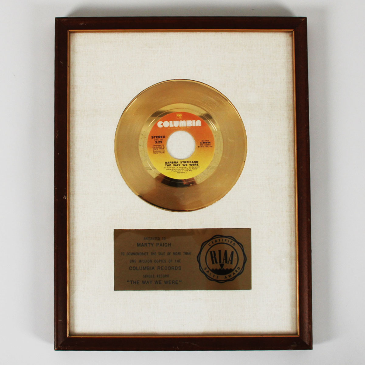 Barbra Streisand Gold RIAA Sales Award 1973 45 rpm Record "The Way we Were"
