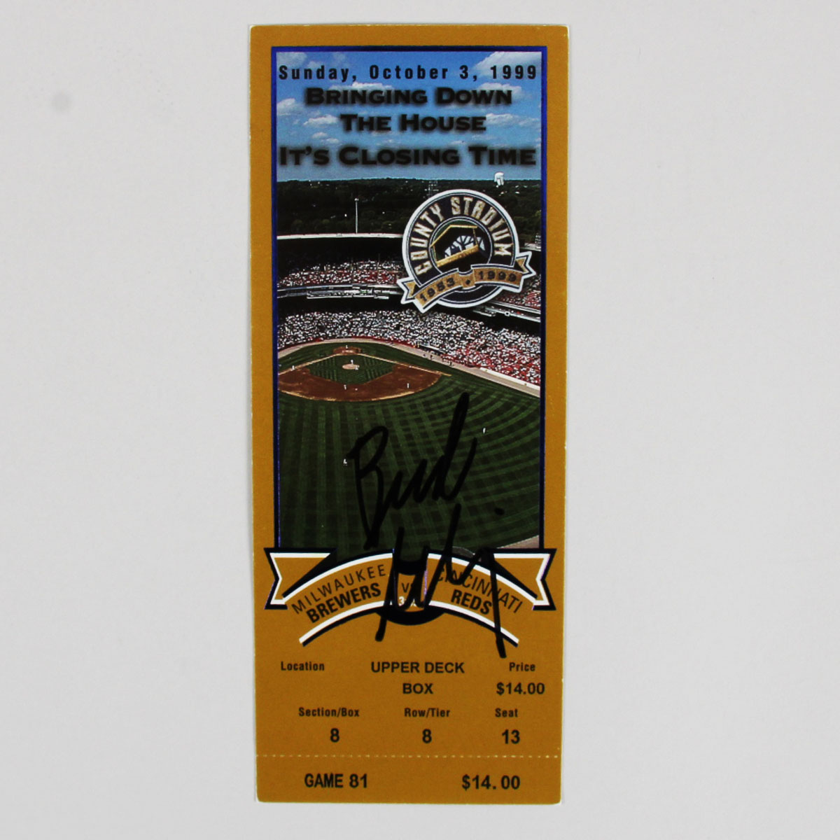 Bud Selig Signed Ticket - COA JSA