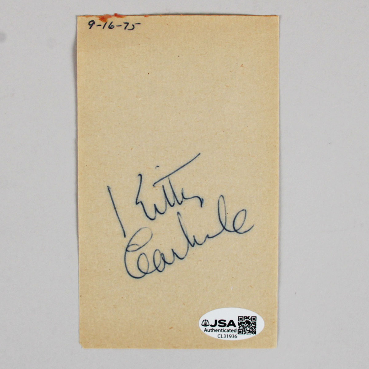 Kitty Carlisle Signed 3x5 Paper Cut Gunsmoke TV Show dated 1975  COA JSA