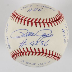 Pete Rose Signed Heavily Inscribed Career STAT Baseball COA PSA