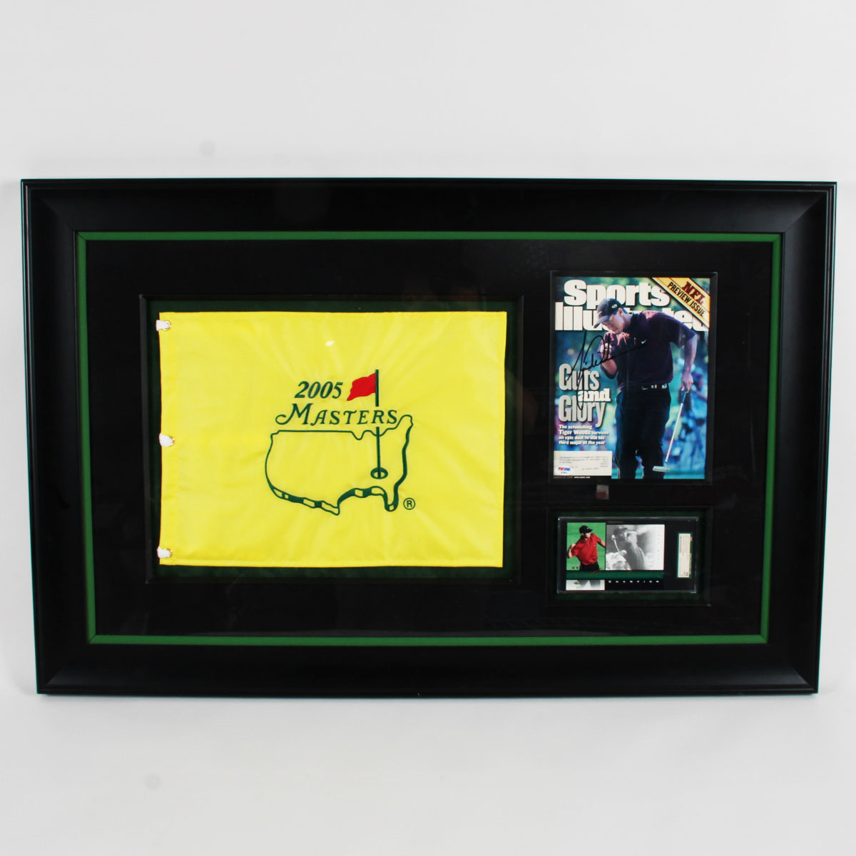 Tiger Woods Signed 2000 Sports Illustrated Magazine Full PSA/DNA Letter Framed 26 1/2 x 40" w/Masters Flag & 2001 Card