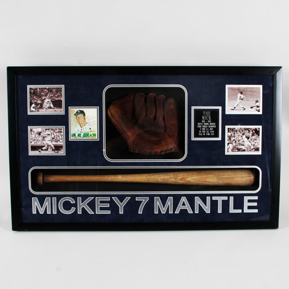 Mickey Mantle Vintage 1950s Glove & Bat + Signed 3 1/2 x 4 Photo Display COA JSA