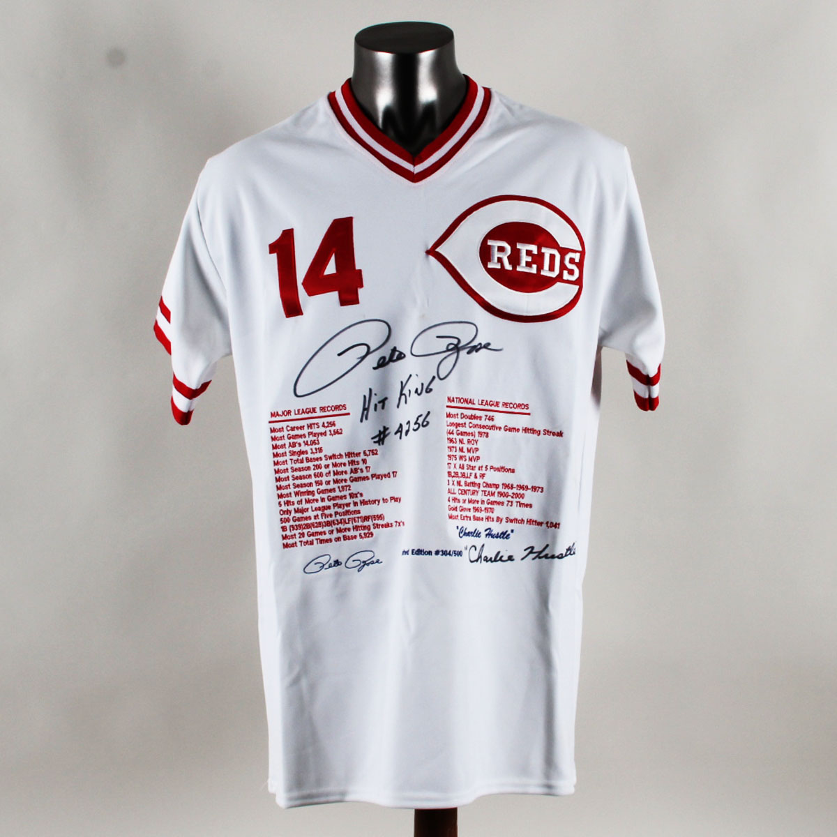 Pete Rose Signed Stat Jersey Reds - COA JSA