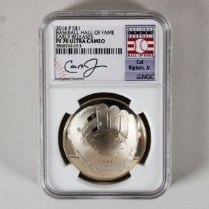 Cal Ripken Jr. 2014 P S$1 Silver Coin Baseball Hall of Fame Early Releases PF70 Ultra Cameo