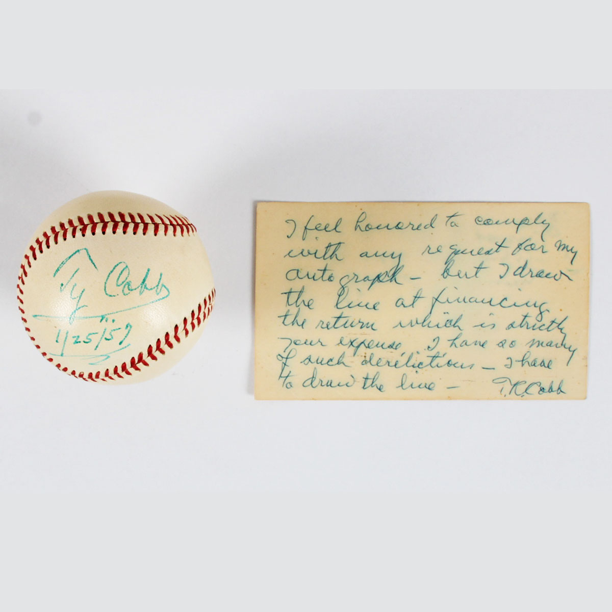 Ty Cobb Signed Baseball w/ Signed Postcard Tigers - COA PSA/DNA