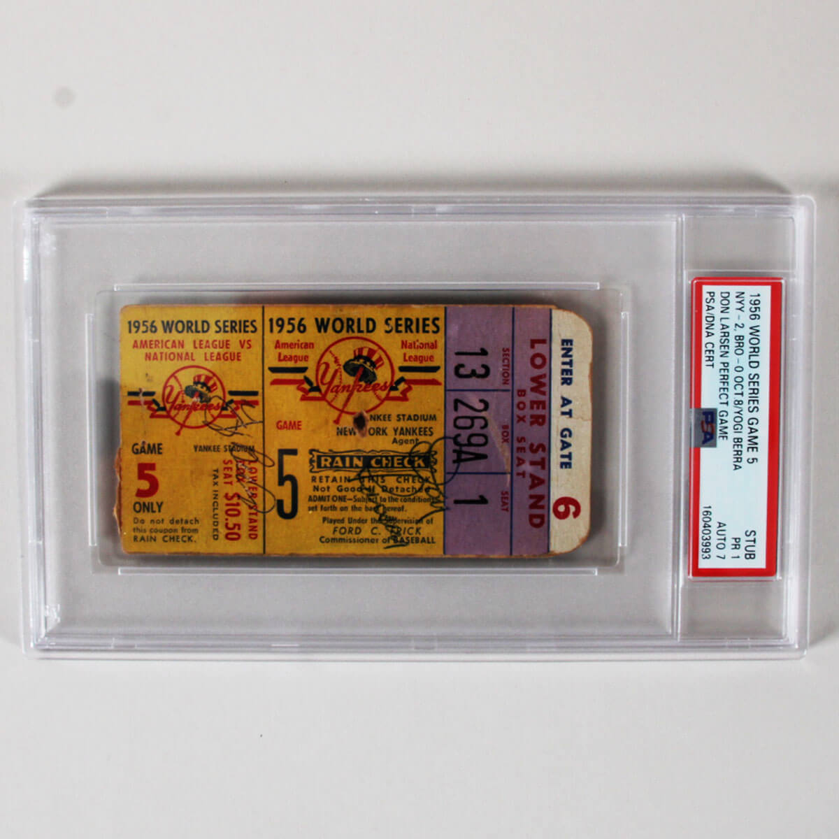 Don Larsen Yogi Berra Signed 1956 World Series Game 5 Perfect Game Ticket PSA 1/ Auto 7