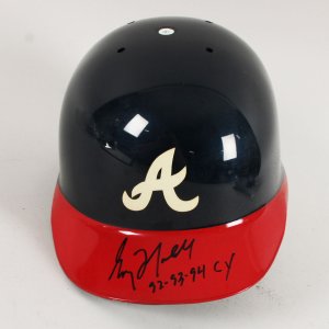Greg Maddux Signed Helmet Braves Full Size Game Worn Batting Inscribed "92 - 93 - 94 Cy" COA JSA