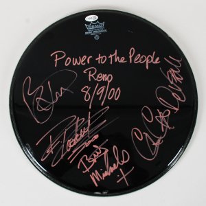 Poison Band Signed 14" Remo Drumhead Bret Michaels, C.C. DeVille, Rikki Rockett, Bobby Dall - COA JSA