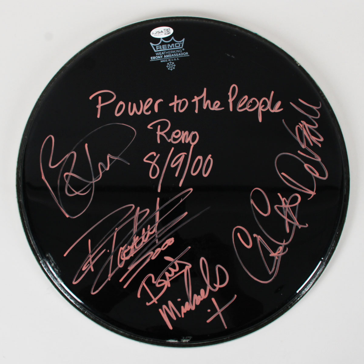 Poison Band Signed 14" Remo Drumhead Bret Michaels, C.C. DeVille, Rikki Rockett, Bobby Dall - COA JSA