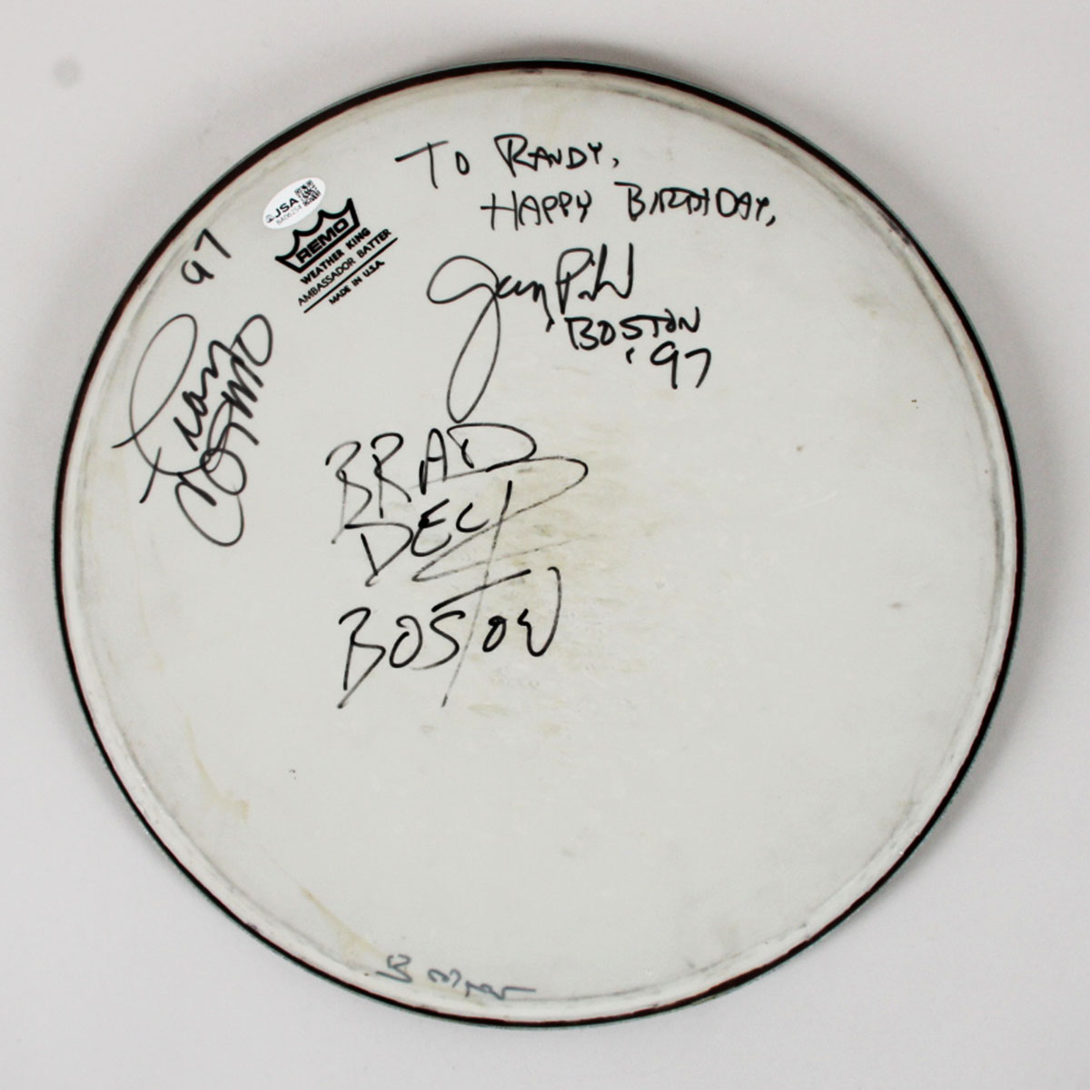 Boston Band 1997 Signed 13" Drumhead Fran Cosmo, Gary Phil, Brad Pelp - COA JSA