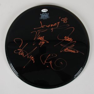 Journey Band Signed 13" Drumhead Ross Valory, Steve Augeri, Dean Castronovo, Neal Schon. - COA JSA