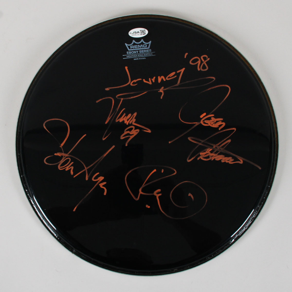 Journey Band Signed 13" Drumhead Ross Valory, Steve Augeri, Dean Castronovo, Neal Schon. - COA JSA