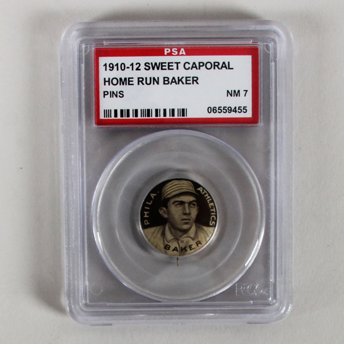 1910-12 Sweet Caporal Pins P2 Home Run Baker Small Letters PSA 7 Nr/Mt