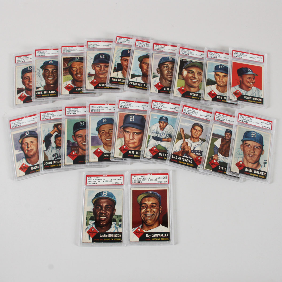 1953 Topps Brooklyn Dodgers Team Signed Graded Card Set Lot (21) Incl. Jackie Robinson & Roy Campanella PSA