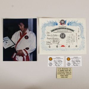 Elvis Presley 1974 Black Belt Certificate 8x10 Color Photo + Membership Cards