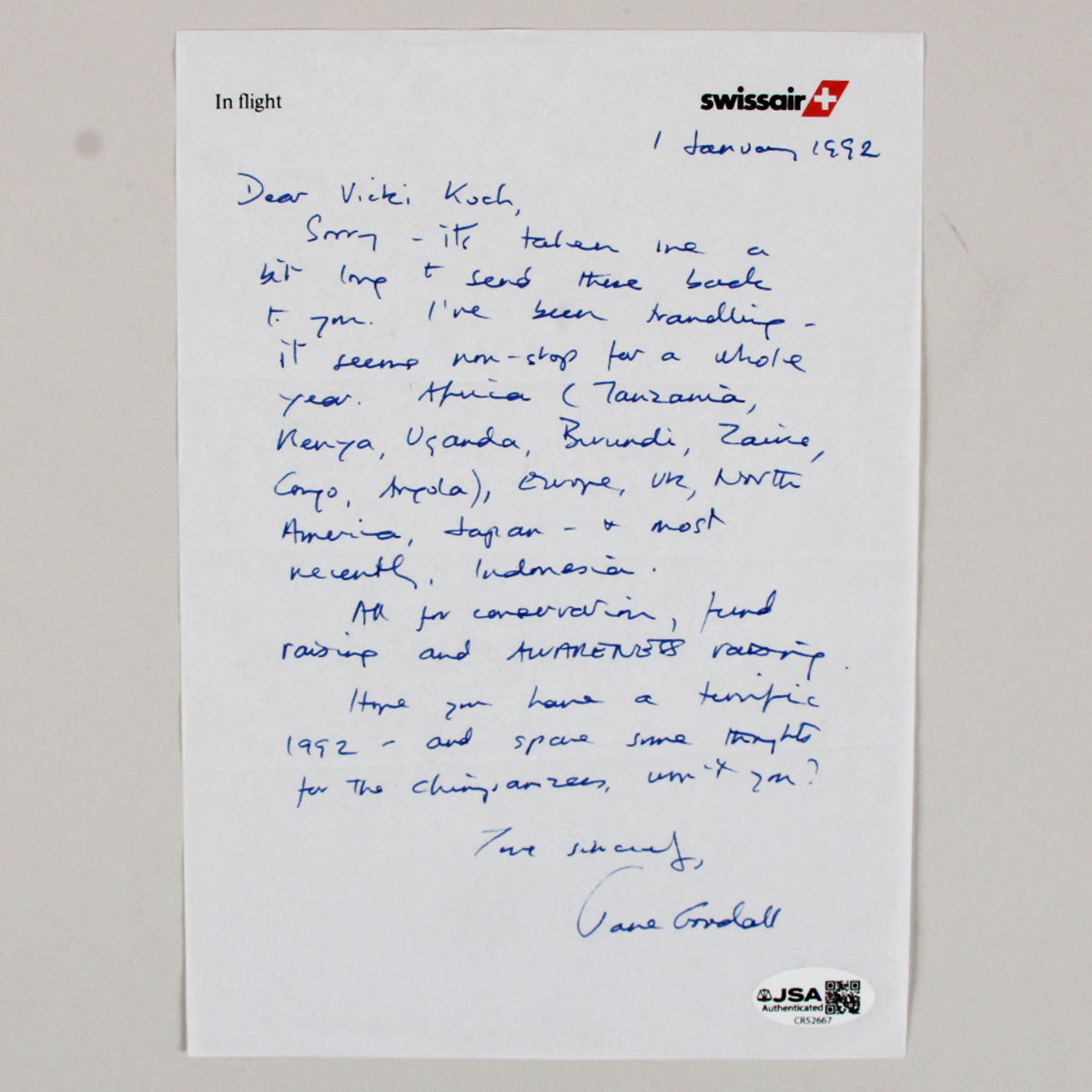 Jane Goodall Signed Handwritten Letter - COA JSA