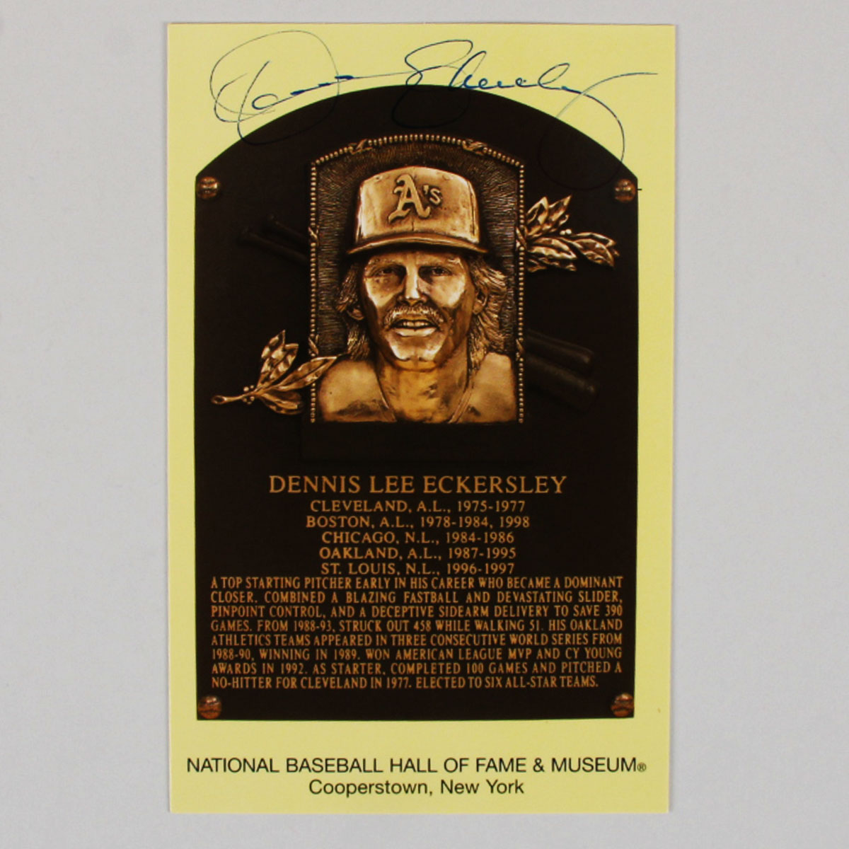 Dennis Eckersley Signed Postcard Hall of Fame HOF Plaque Yellow - COA JSA