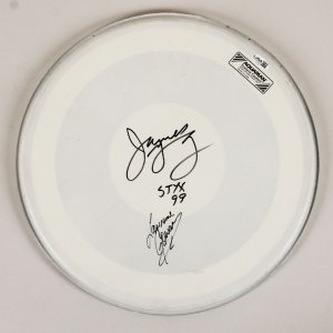 James Young Styx Signed 14 1/2" x 14 1/2" Drumhead w/ Lawrence Gowan - COA JSA