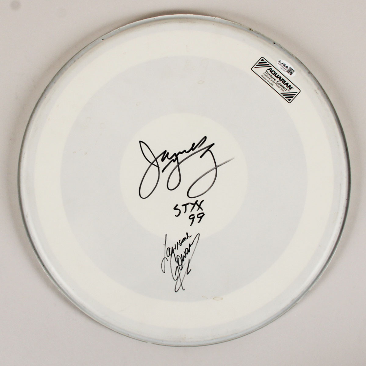 James Young Styx Signed 14 1/2" x 14 1/2" Drumhead w/ Lawrence Gowan  - COA JSA