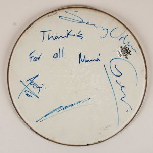 Mana Band Signed 16 x 17 Drumhead Alex González, Sergio Vallín and Juan Calle COA JSA