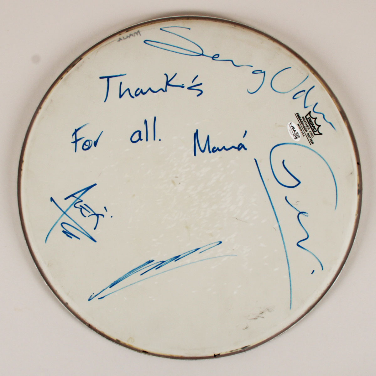 Mana Band Signed 16 x 17 Drumhead Alex González, Sergio Vallín and Juan Calle COA JSA