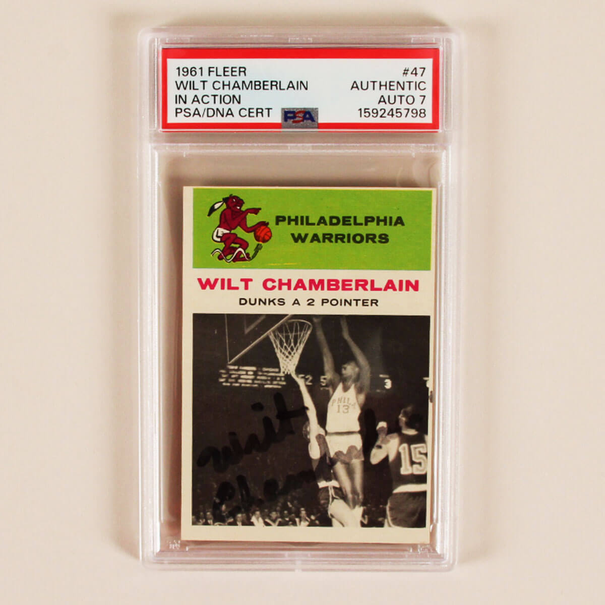1961 Fleer Wilt Chamberlain Signed Rookie Card #47 Graded AUTO 7 - PSA/DNA