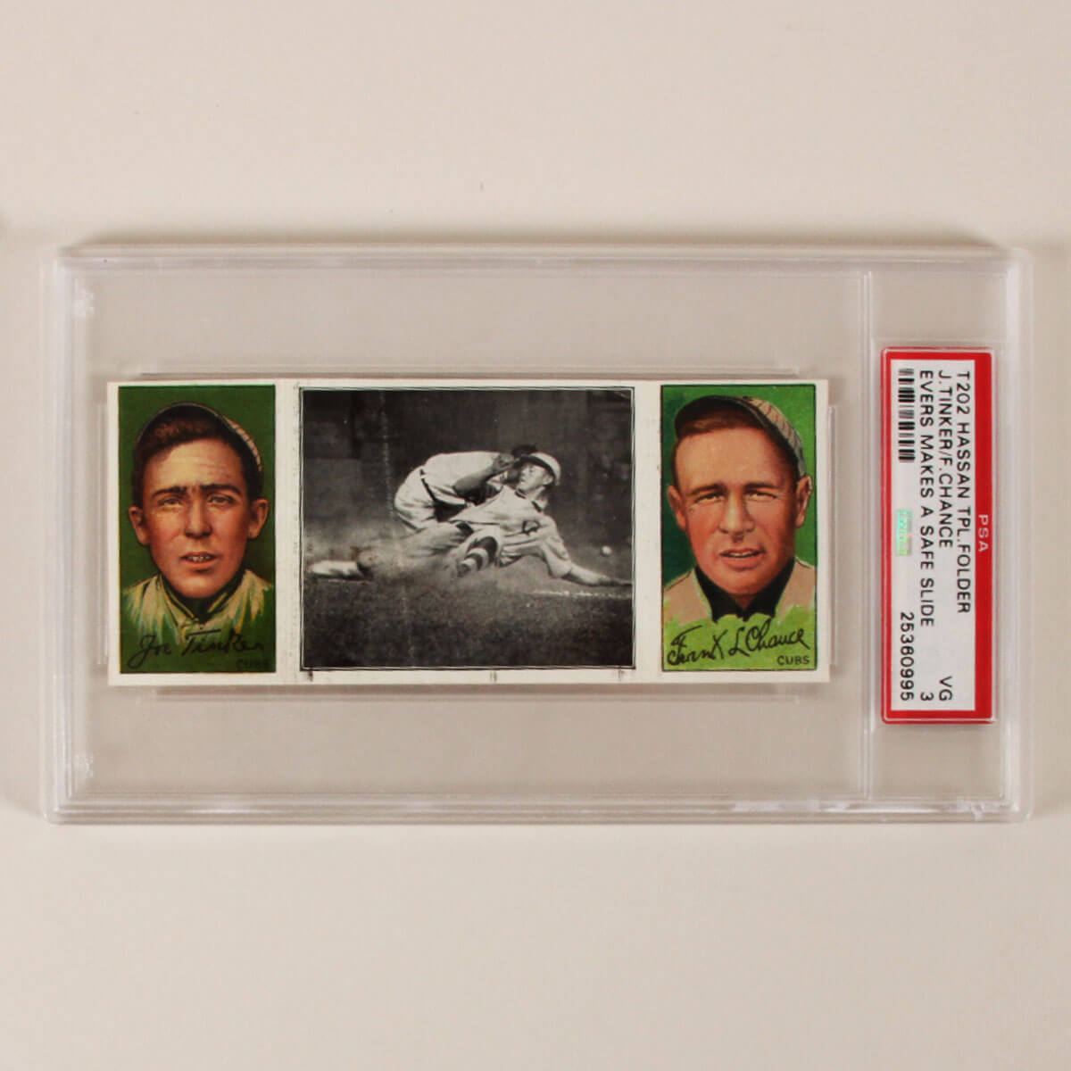 1912 T202 Hassan Triple Folder Tinker & Chance Evers makes a Safe Slide PSA 3 VG