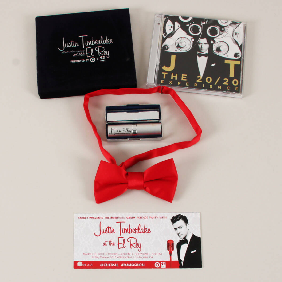 Justin Timberlake at El Rey 20/20 CD Collectible Case. Lipstick, Tie & Original Ticket