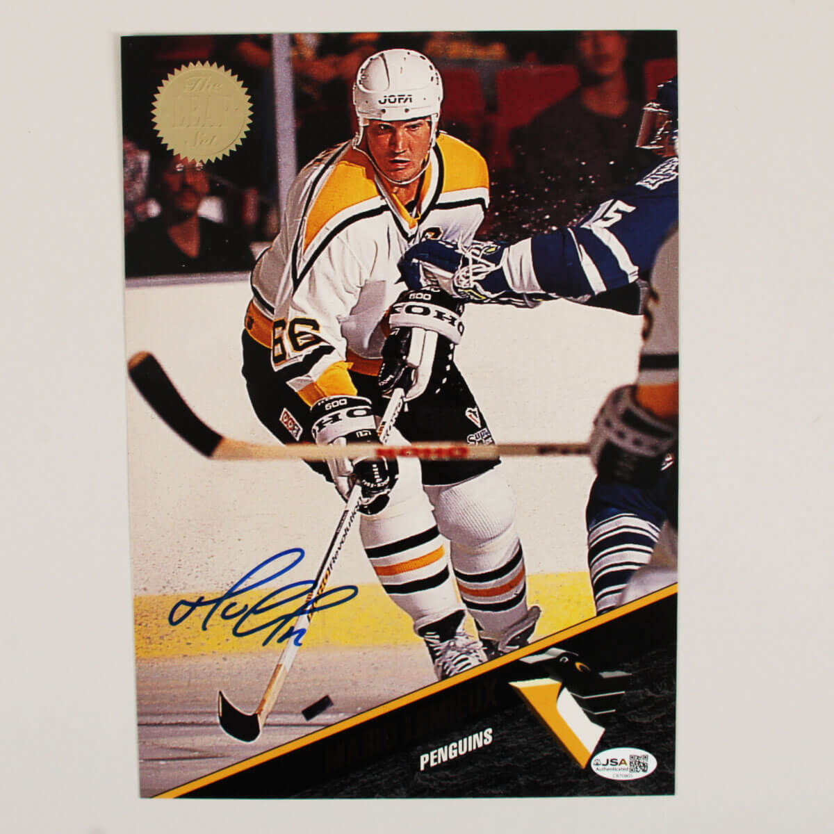 Mario Lemieux Signed Photo Card 1993 Leaf Blow Up - COA JSA