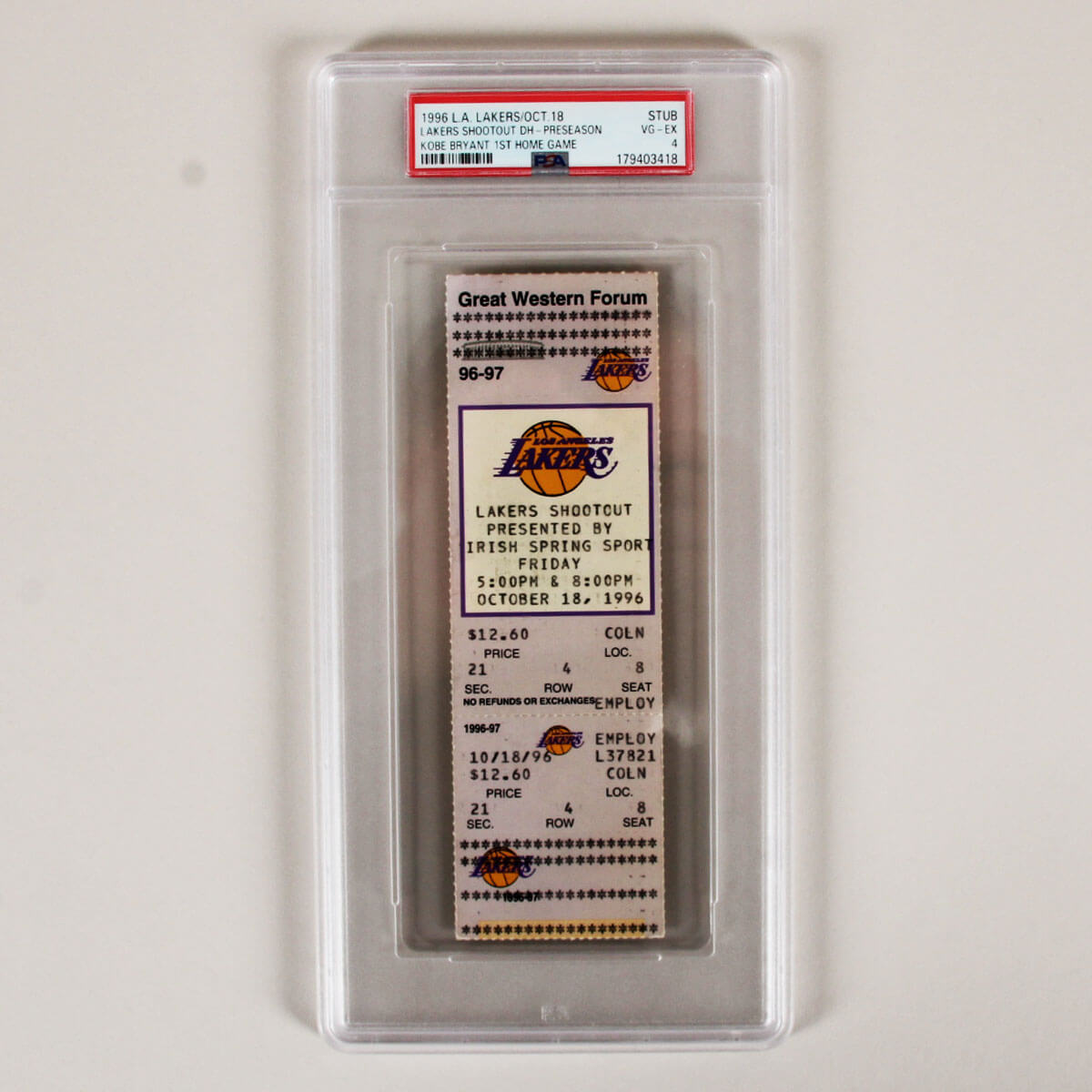 1996 Lakers Graded Ticket Kobe Bryant First Home Game - PSA 4