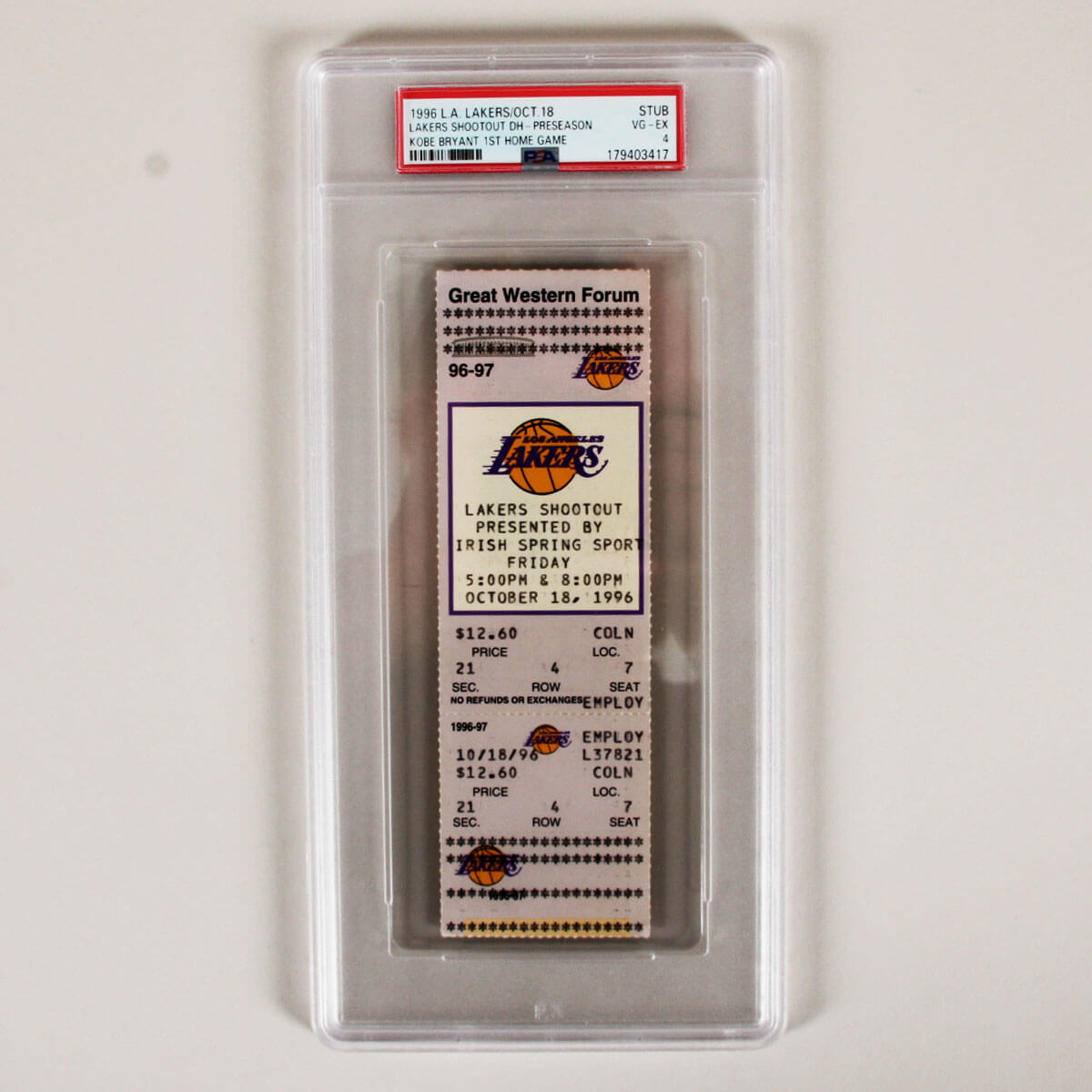 1996 Lakers Graded Ticket Kobe Bryant First Home Game - PSA 4