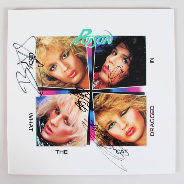 Poison Signed Record Album Look What the Cat Dragged In (4) Bret Michaels, C.C. Deville etc.- COA BAS