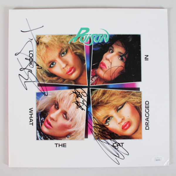 Poison Signed Record Album Look What the Cat Dragged In (4) Bret Michaels, C.C. Deville etc. - COA JSA