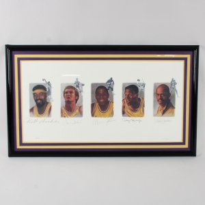 Los Angeles Lakers Legends Signed Lithograph (5) Wilt Chamberlain, Jerry West, etc. - COA JSA