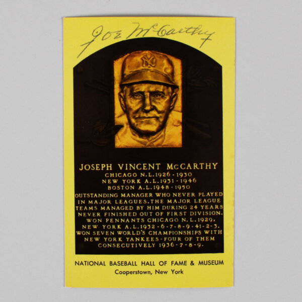 Joe McCarthy Signed Yellow Hall Of Fame Plaque Postcard HOF COA JSA
