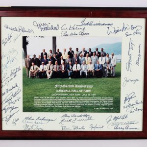 1991 Baseball Hall Of Fame Signed 19x22 Display - 35 Sigs. Ernie Banks, Ted Williams, PeeWee Reese etc
