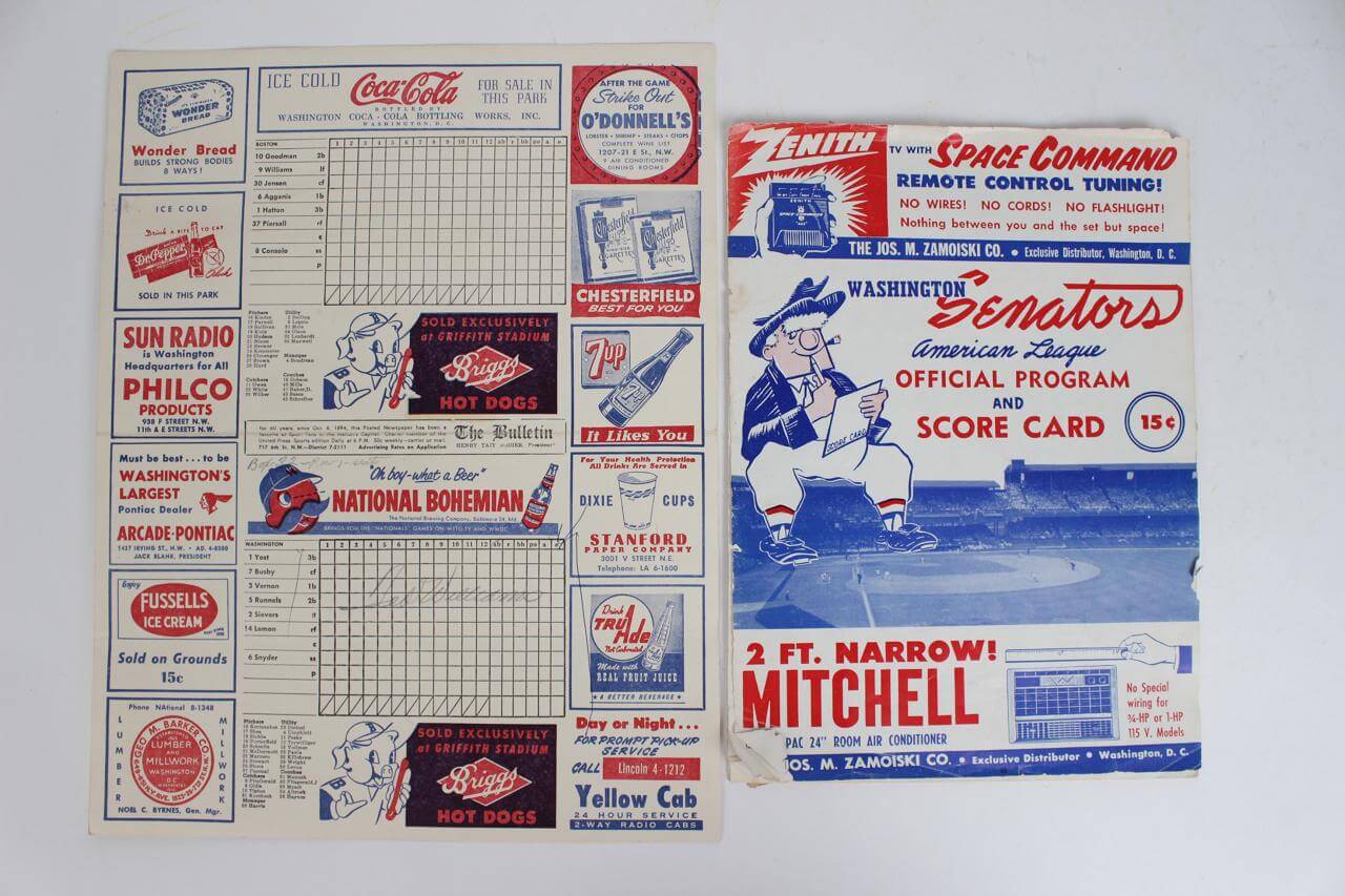 Boston Red Sox - Ted Williams Signed (2) Piece Lot - 1954 Washington Senators Program & Scorecard Boston Red Sox - Ted Williams Signed (2) Piece Lot - 1954 Washington Senators Program & Scorecard