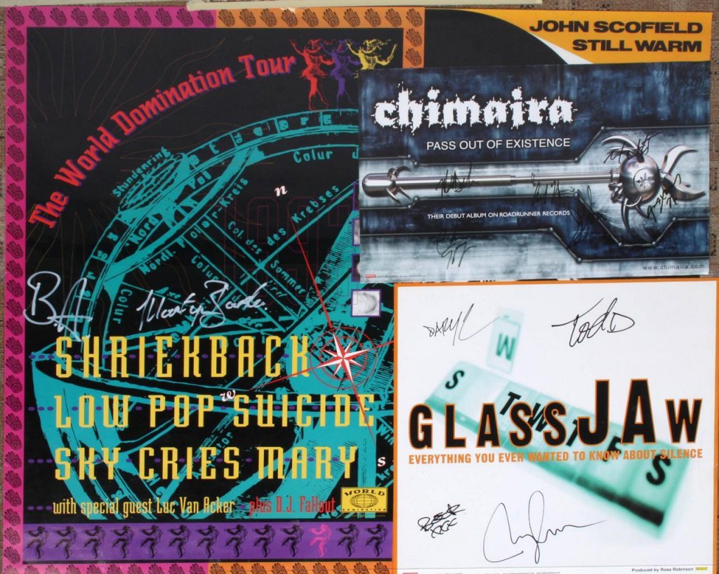 Four Signed Music Band Posters John Scofield, Glassjaw, Chimara