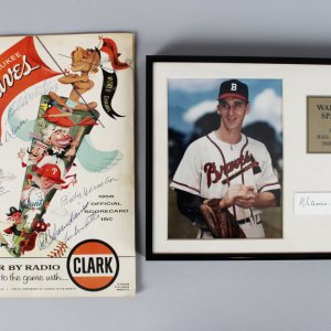 1958 Milwaukee Braves Signed Score Card (8 Sigs.) & Warren Spahn 8x10 Display - JSA