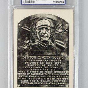1953-55 Artvue H.O.F. Cy Young Signed BW Post Card - PSA/DNA NM-MT 8