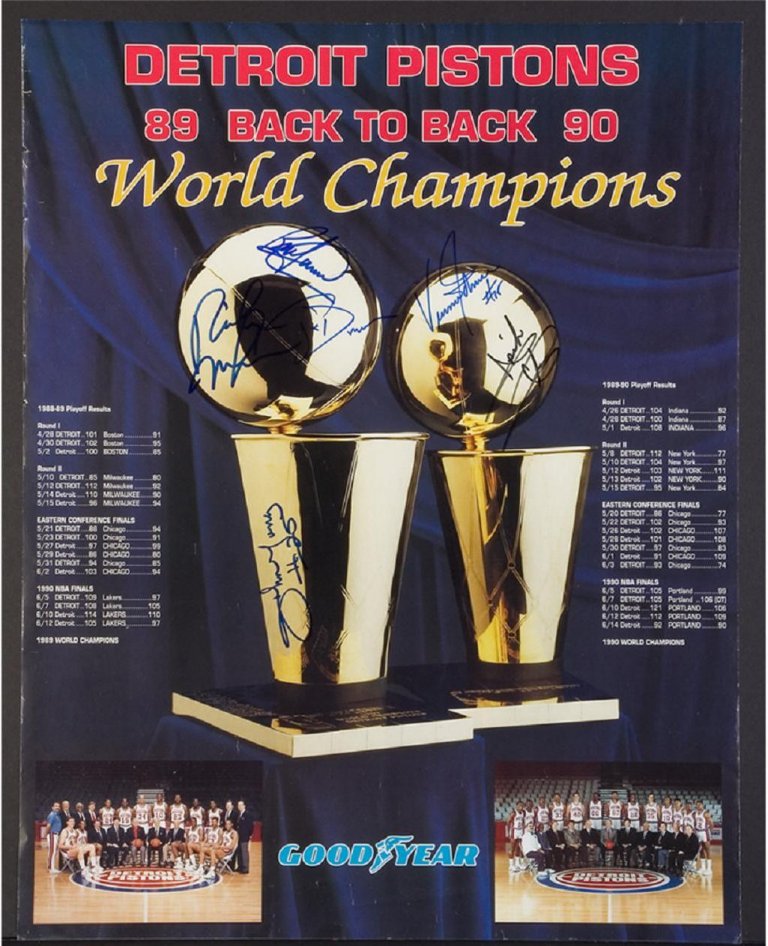 198990 Pistons “Back To Back” World Champs Signed Poster w/6 Sigs