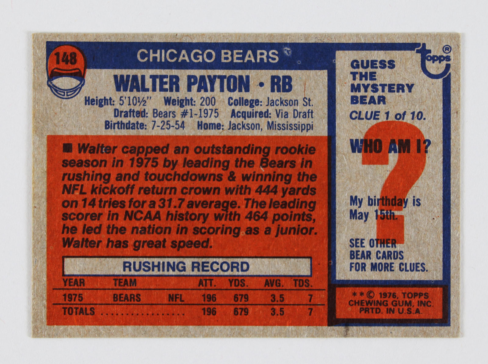 1976 Topps Football Card Set Walter Payton RC Rookie 148 Memorabilia 